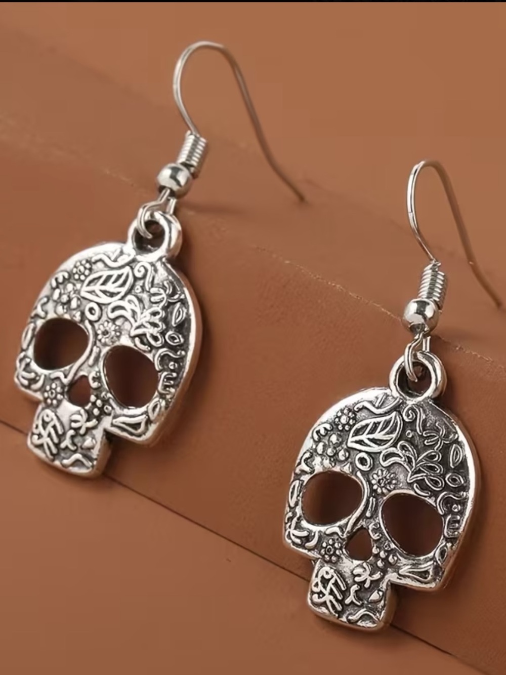 Silver Floral Skull Drop Earrings